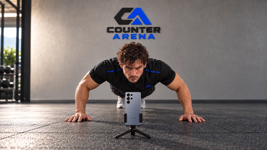Counter Arena athlete doing a push-up in front of a phone on a tripod in a gym